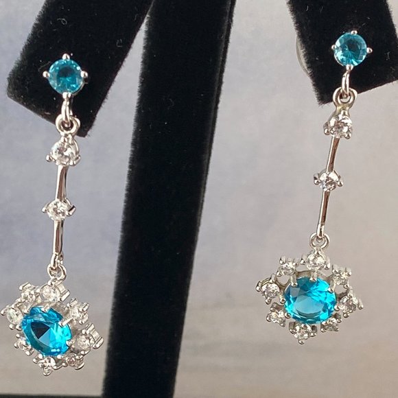 2 Caret Blue Topaz and CZ Drop Earrings - Picture 2 of 6